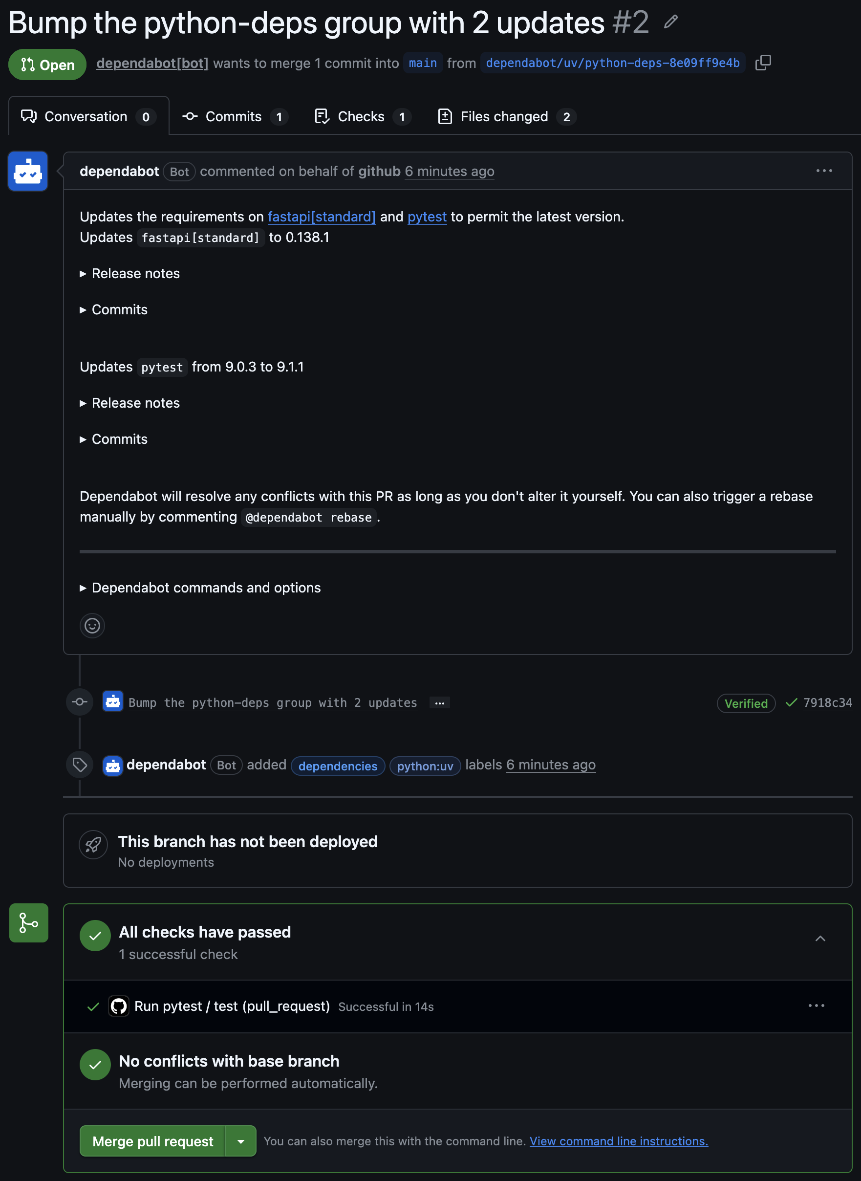 Dependabot の PR の詳細画面