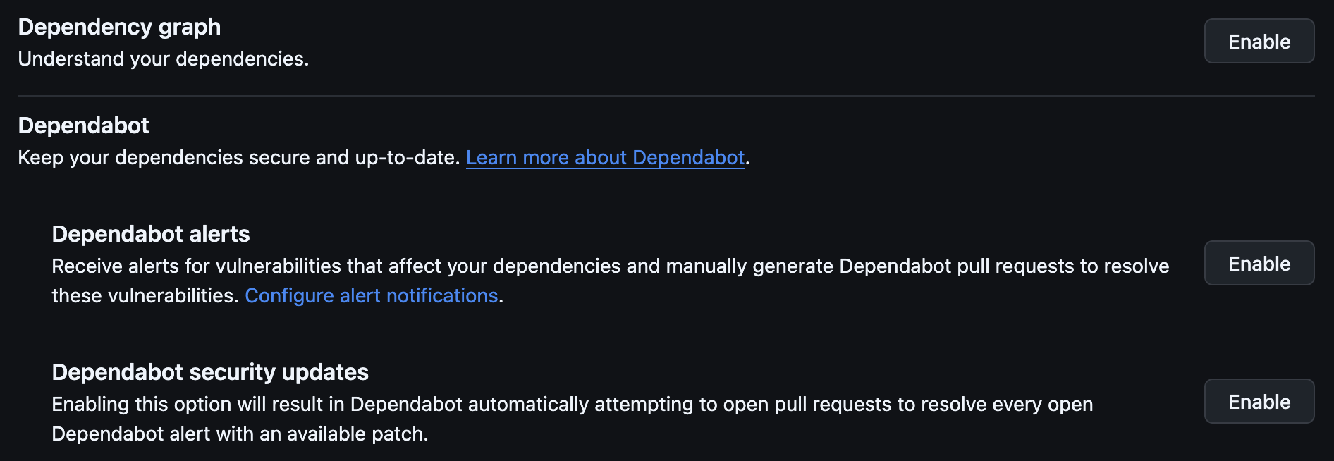 GitHub の Advanced Security 設定画面