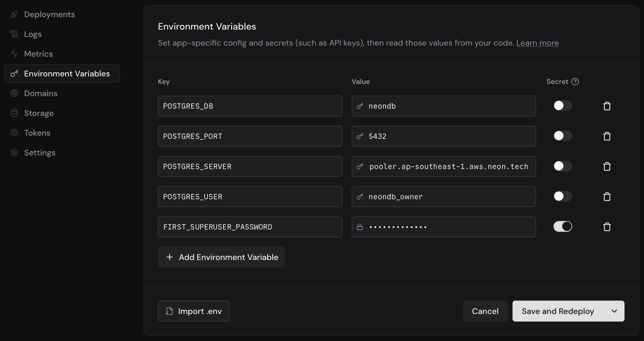 FastAPI Cloud のダッシュボードの Environment Variables 画面