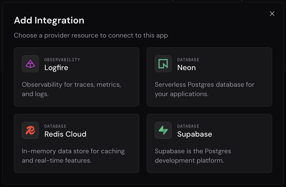 FastAPI Cloud の Add Integration 画面。Observability として Logfire が選べる
