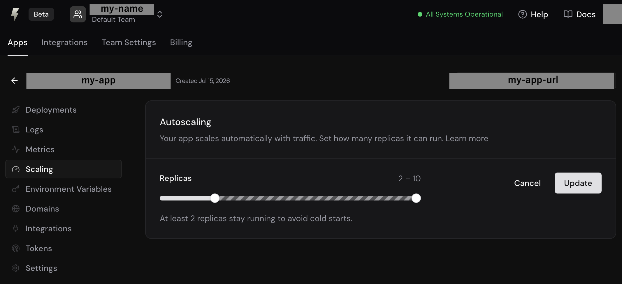 FastAPI Cloud の Scaling タブ。Autoscaling のレプリカ数をスライダーで 2〜10 に設定している