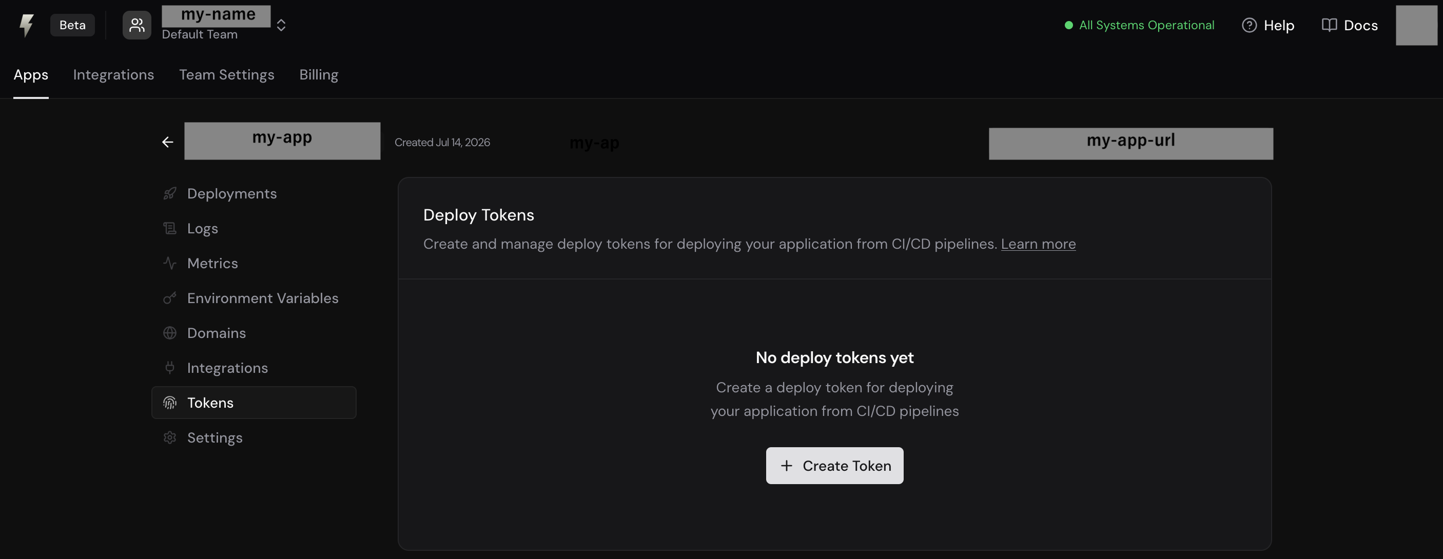 FastAPI Cloud のアプリ詳細の Tokens。まだトークンがなく Create Token ボタンがある