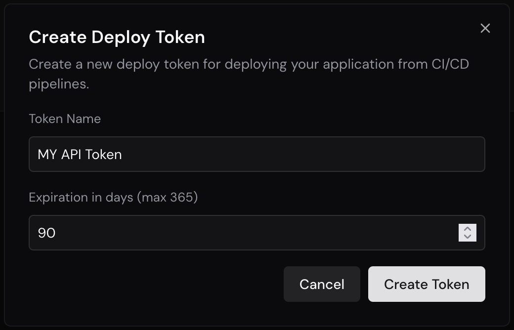 Create Deploy Token ダイアログ。トークン名と有効期限の日数を入れて Create Token を押す