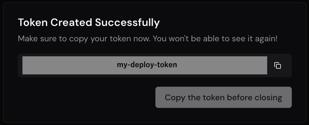 Token Created Successfully の画面。トークンの値はこの画面でしか見られないので、コピーしてから閉じる