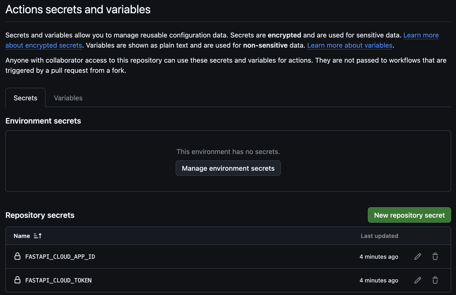 GitHub リポジトリの Actions secrets and variables。Repository secrets に FASTAPI_CLOUD_APP_ID と FASTAPI_CLOUD_TOKEN が登録されている