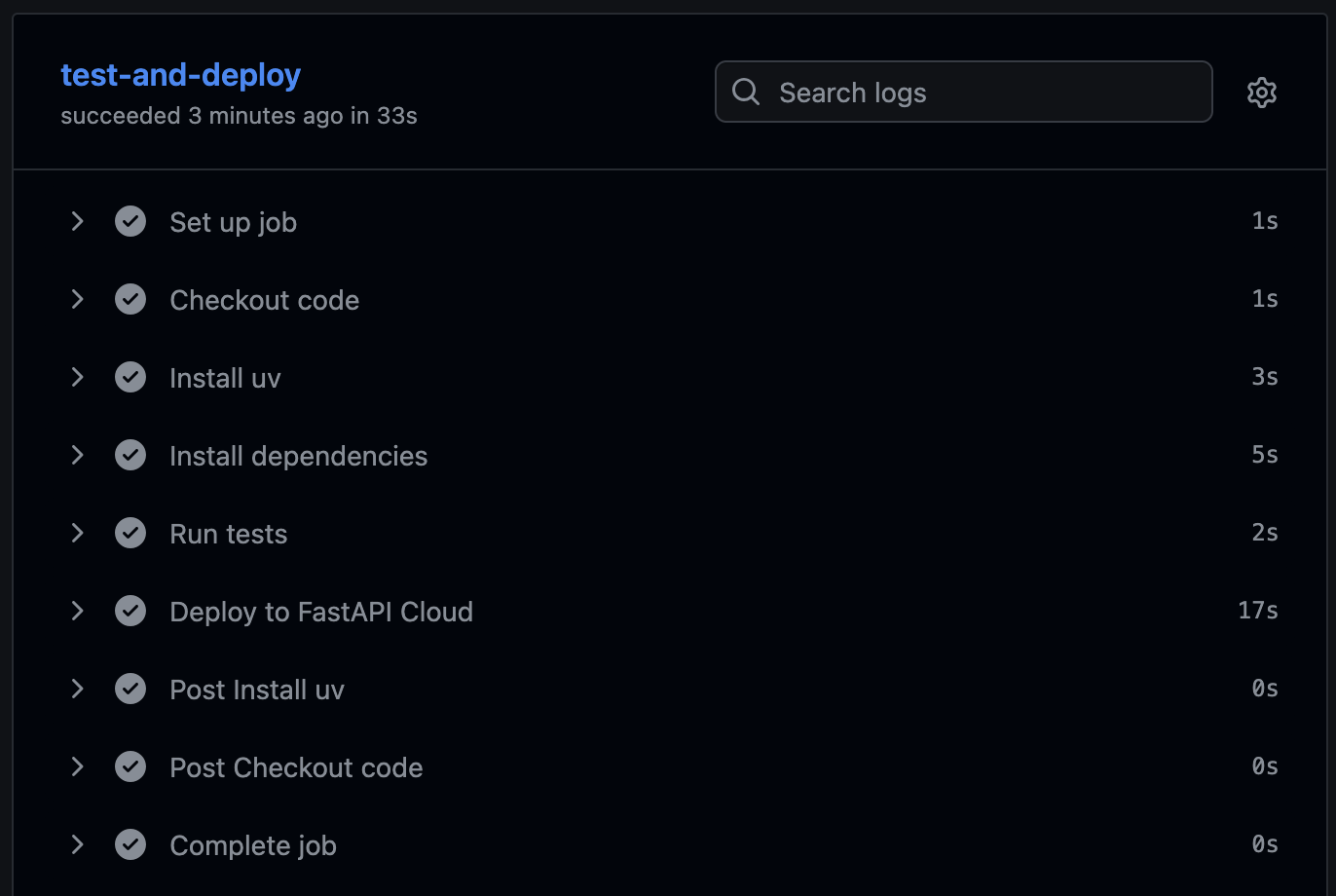 Actions の実行結果。Run tests が通って Deploy to FastAPI Cloud まで成功している