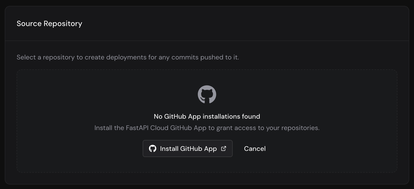 Source Repository。No GitHub App installations found と表示され Install GitHub App ボタンがある