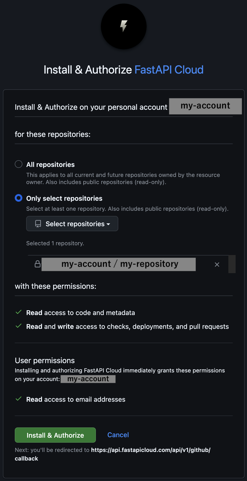 GitHub の Install & Authorize FastAPI Cloud 画面。対象リポジトリと権限を確認して Install & Authorize する