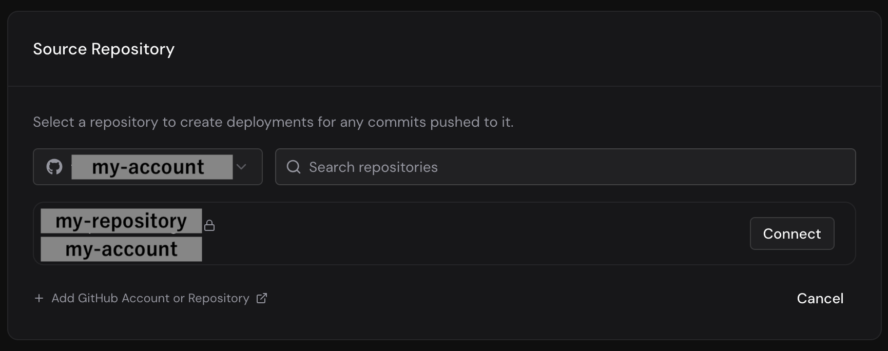 Source Repository。GitHub アカウントとリポジトリを選んで Connect する