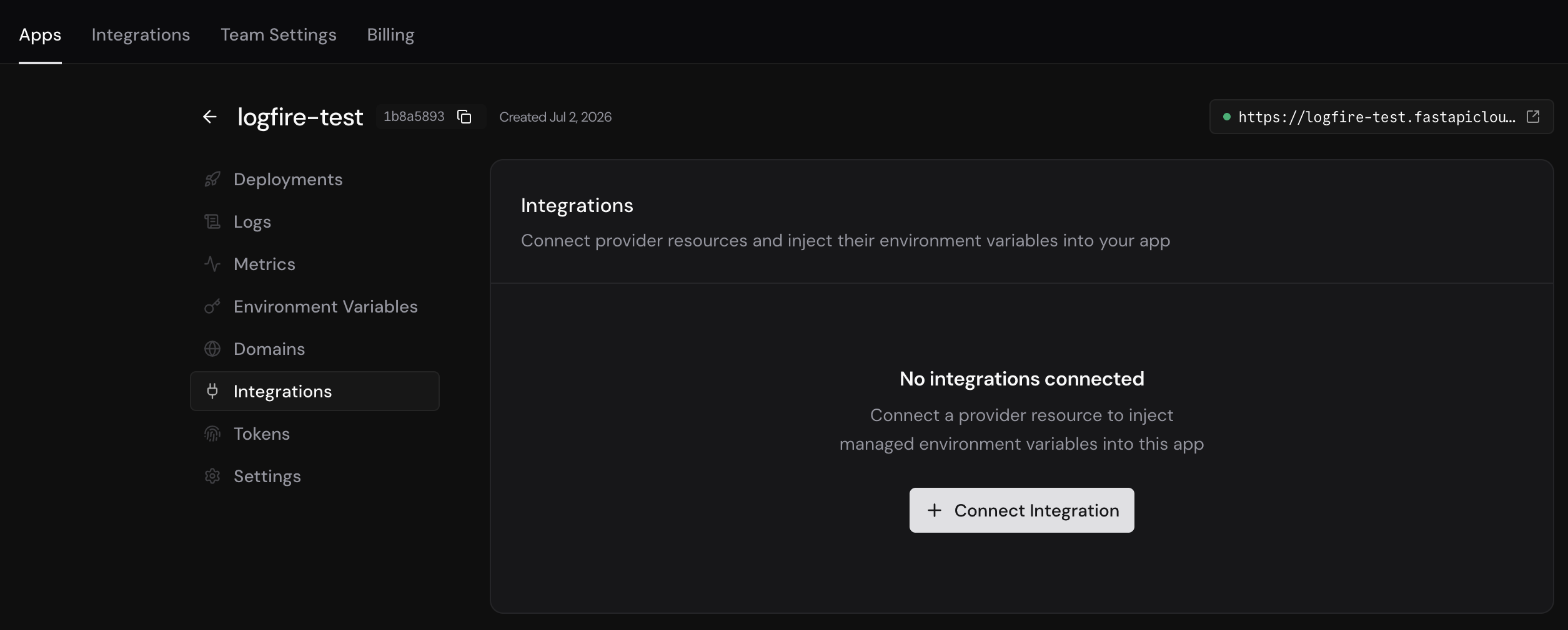 FastAPI Cloud のアプリ詳細の Integrations タブ。まだ連携がなく Connect Integration ボタンがある