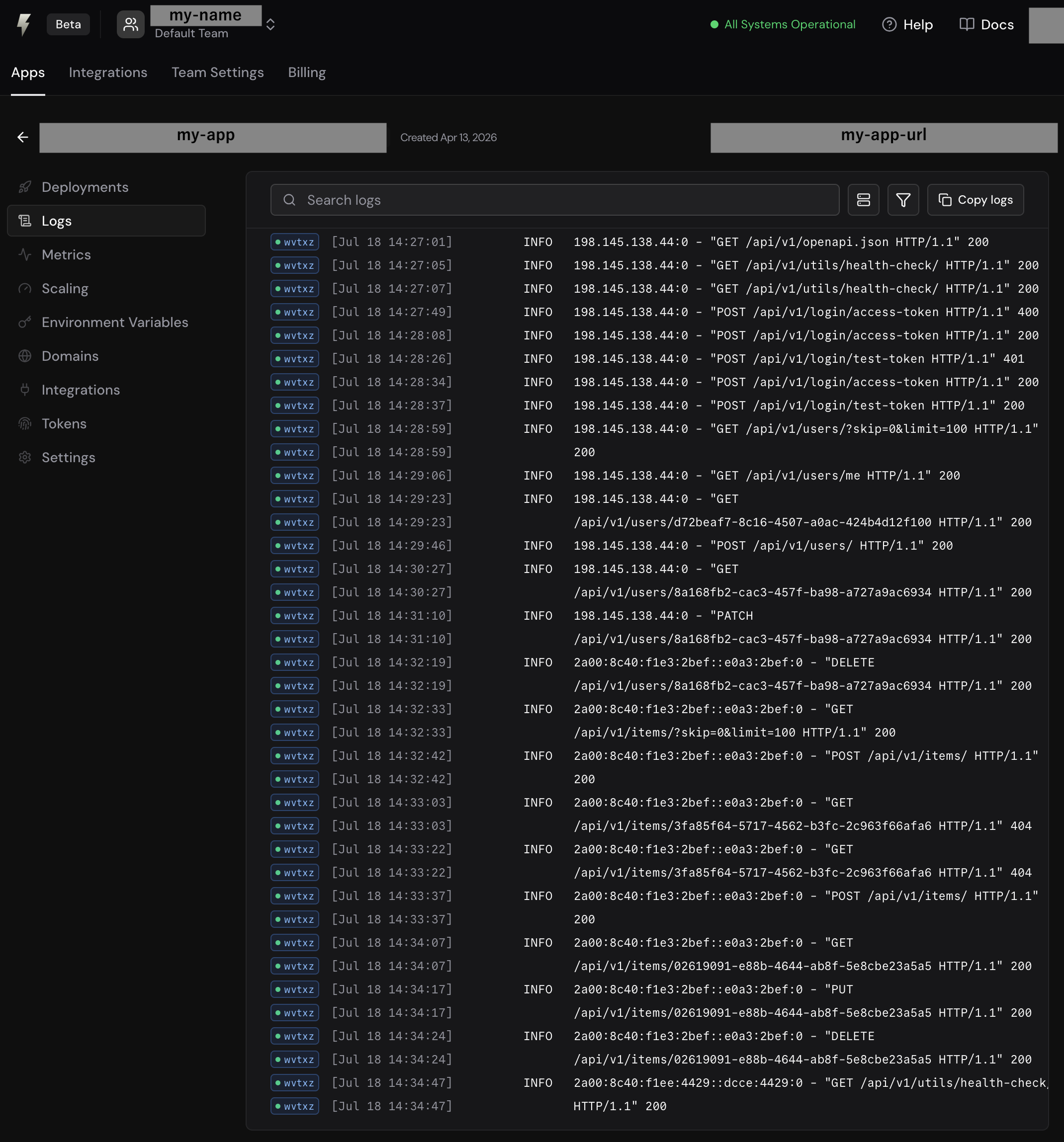 FastAPI Cloud の Logs タブ。リクエストごとのアクセスログが時刻・メソッド・パス・ステータスコードで並んでいる