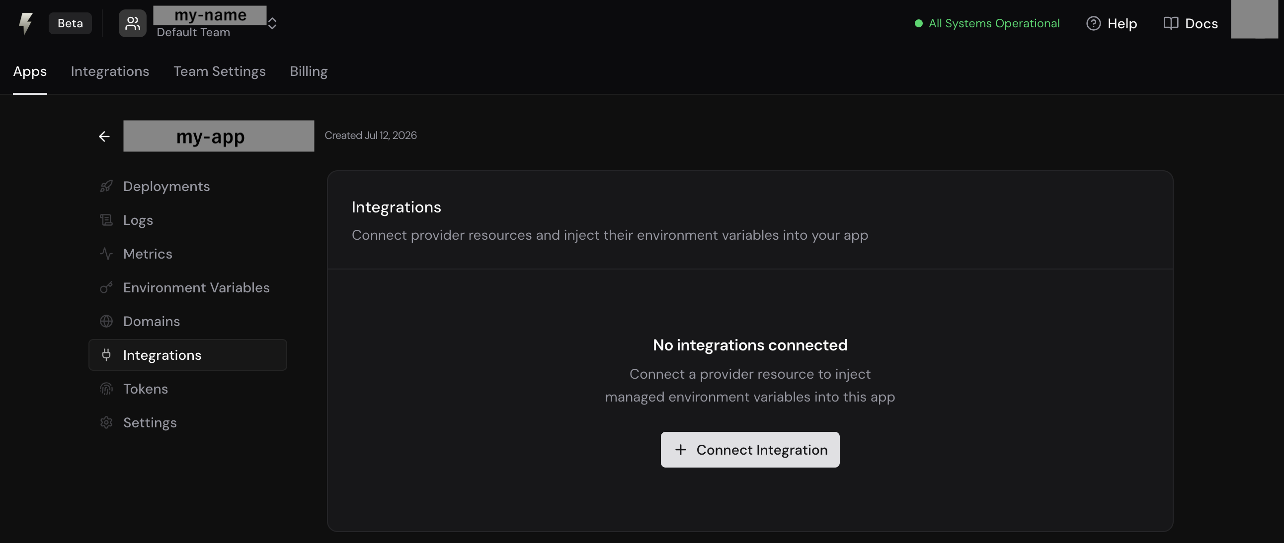 FastAPI Cloud のアプリ詳細の Integrations タブ。まだ連携がなく Connect Integration ボタンがある