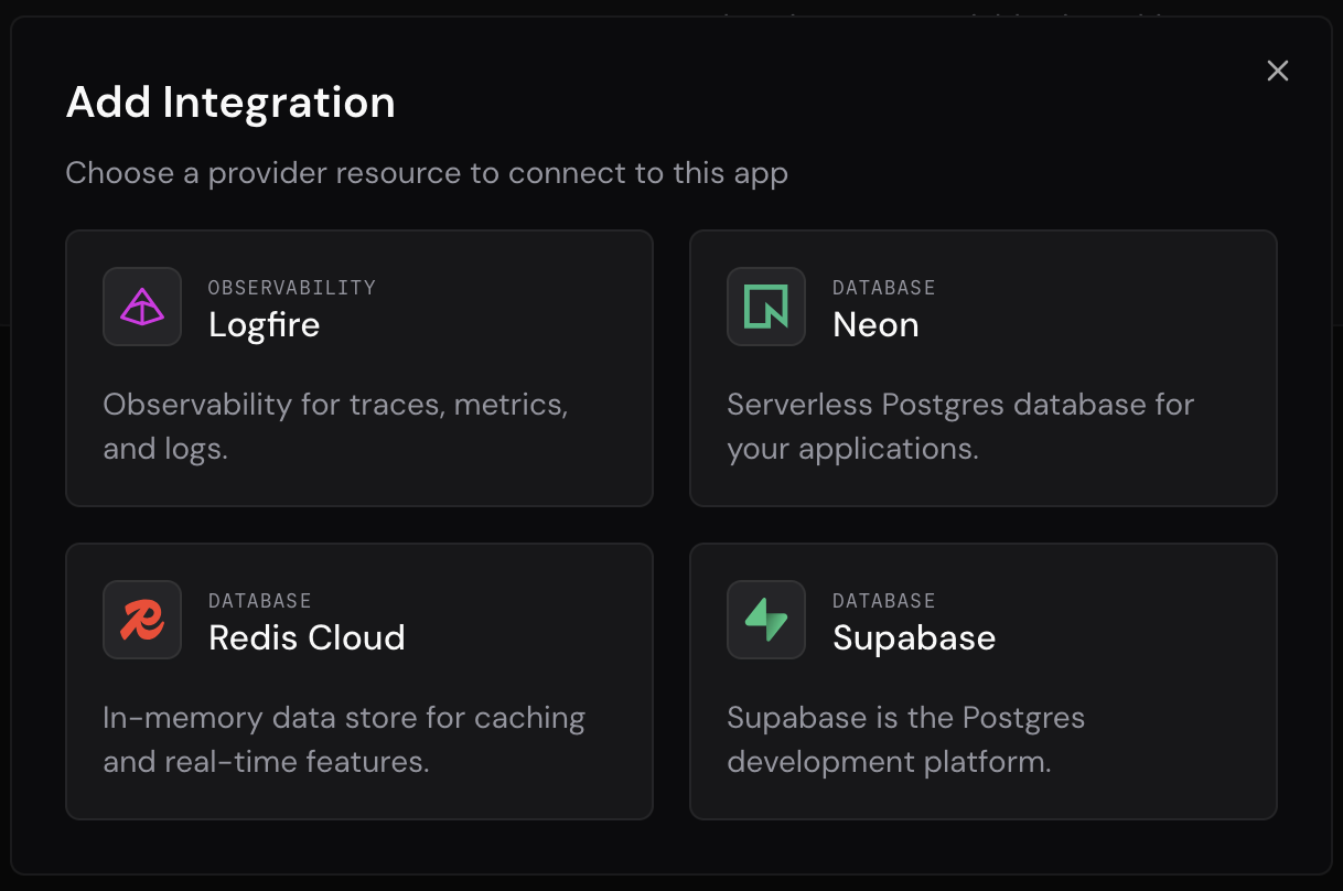 FastAPI Cloud の Add Integration ダイアログ。Database の Neon を含むプロバイダが並ぶ