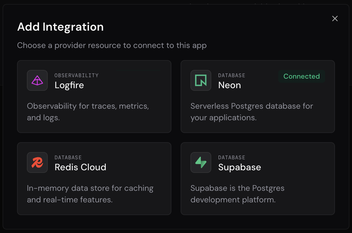 FastAPI Cloud の Add Integration ダイアログ。Neon に Connected バッジが付いている