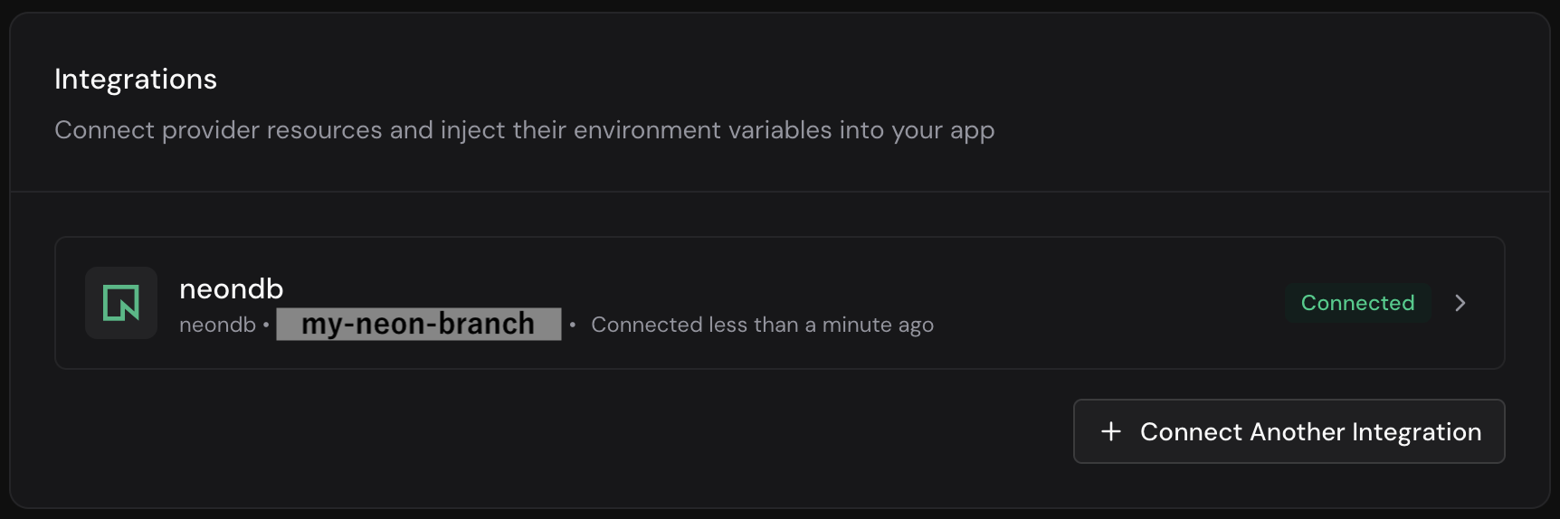 Integrations タブ。neondb が Connected として表示されている