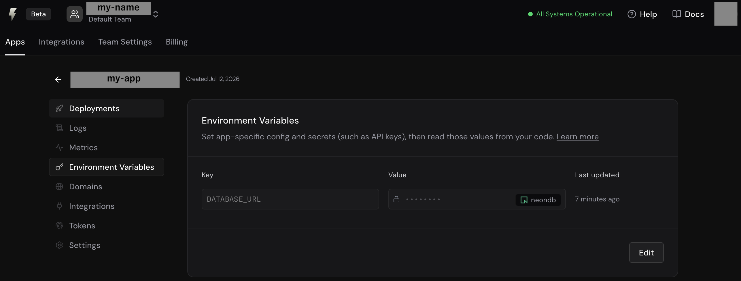 アプリの Environment Variables 画面。DATABASE_URL が Neon 連携のシークレットとしてセットされ、neondb バッジが付いている