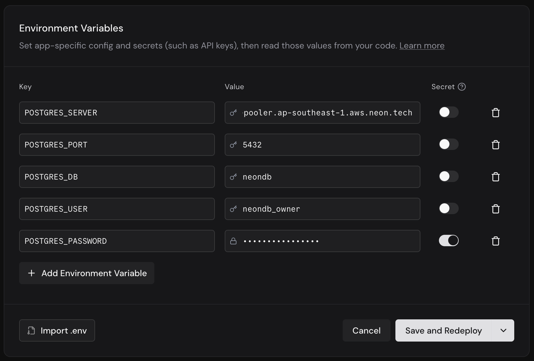 FastAPI Cloud のダッシュボードの Environment Variables 画面