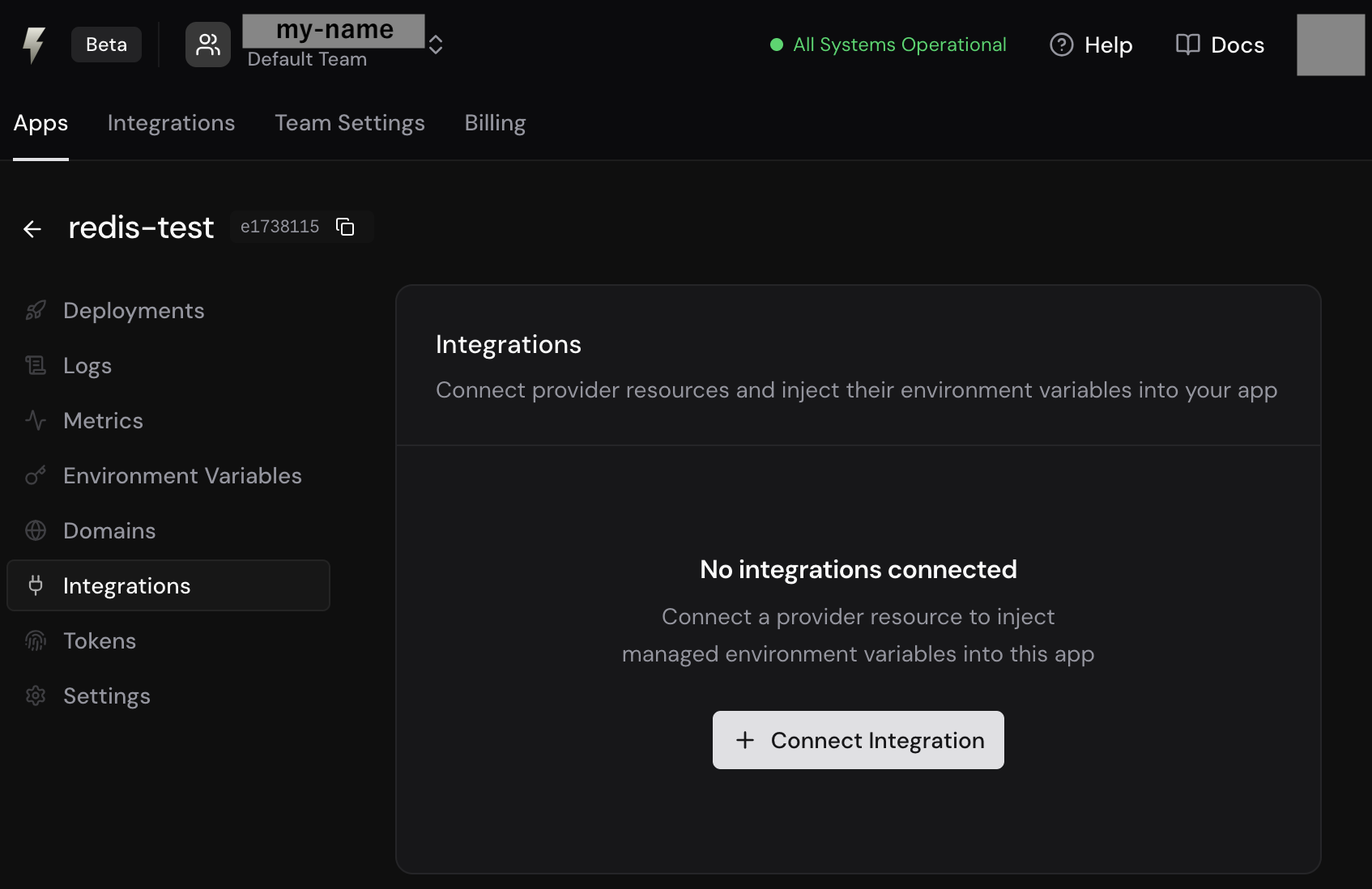 FastAPI Cloud のアプリ詳細の Integrations タブ。まだ連携がなく Connect Integration ボタンがある