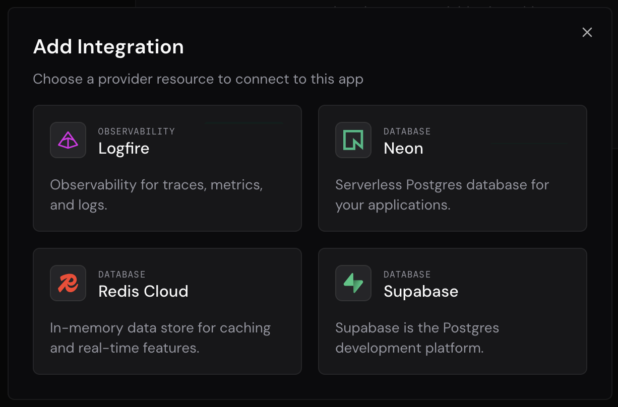 Add Integration ダイアログ。Logfire・Neon・Redis Cloud・Supabase から Redis Cloud を選ぶ