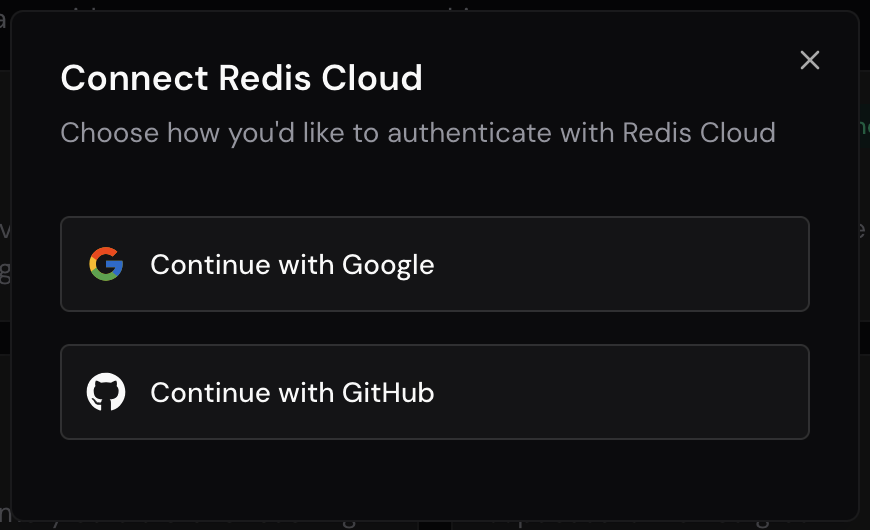 Connect Redis Cloud ダイアログ。Continue with Google と Continue with GitHub だけが並ぶ