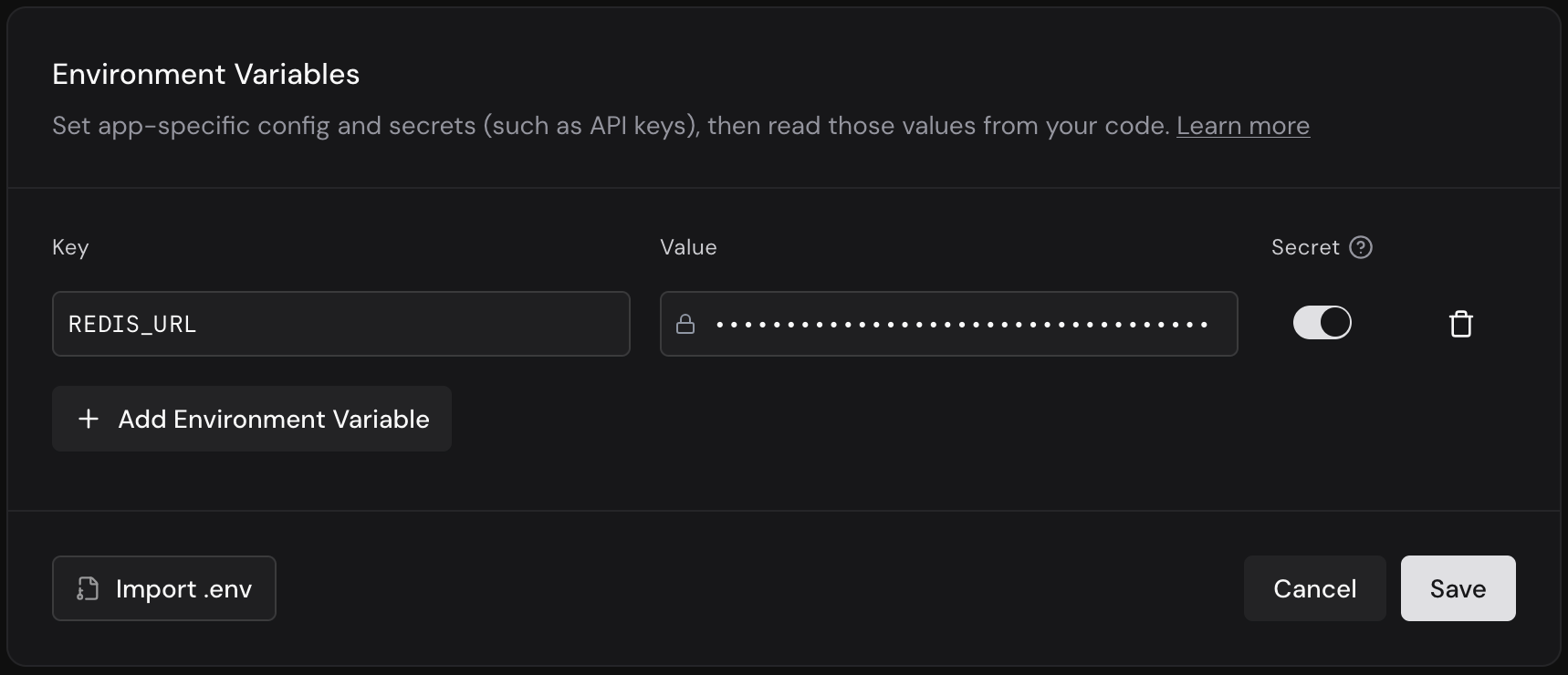 FastAPI Cloud の Environment Variables 画面。REDIS_URL が Secret として登録され、値が伏字になっている