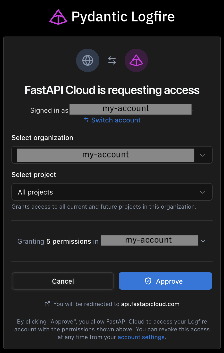 Logfire の認可画面「FastAPI Cloud is requesting access」。組織とプロジェクトを選んで Approve する