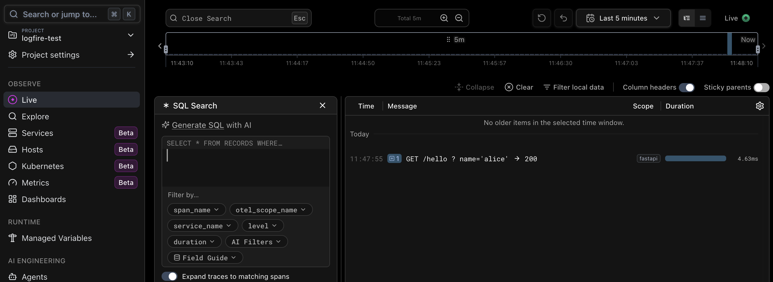 Logfire の Live 画面に届いた GET /hello リクエスト