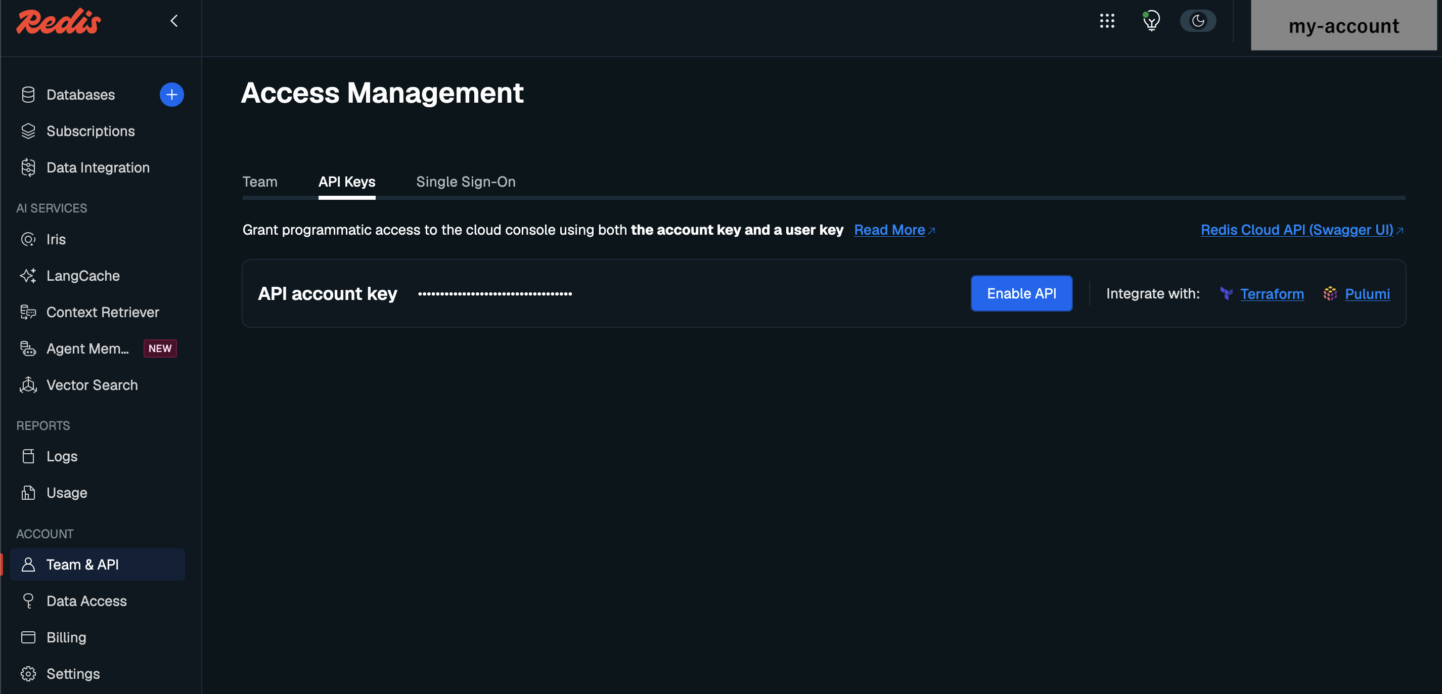 Redis Cloud の Access Management の API Keys タブ。Enable API ボタンで REST API を有効化できる