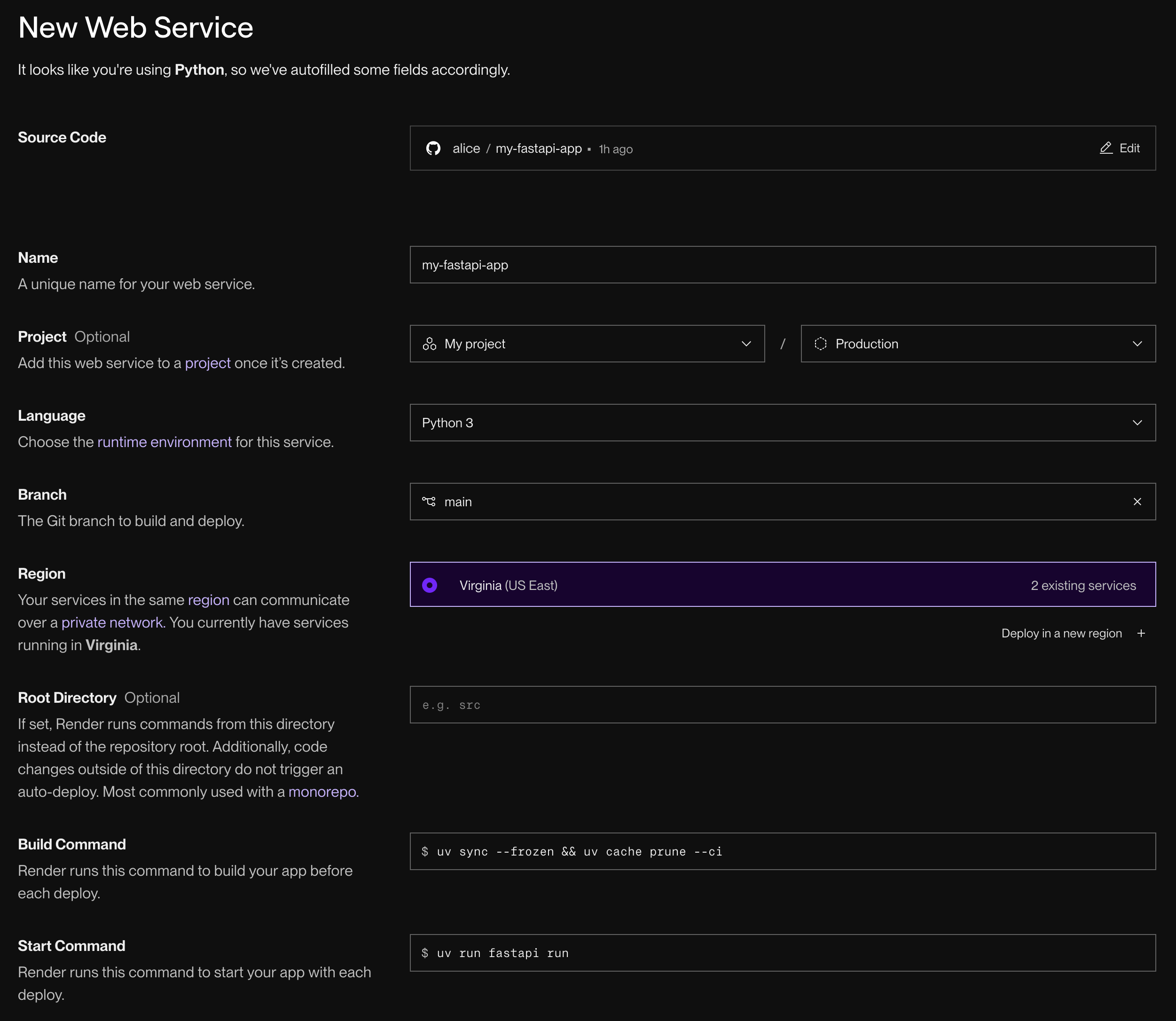 Render の New Web Service 設定画面